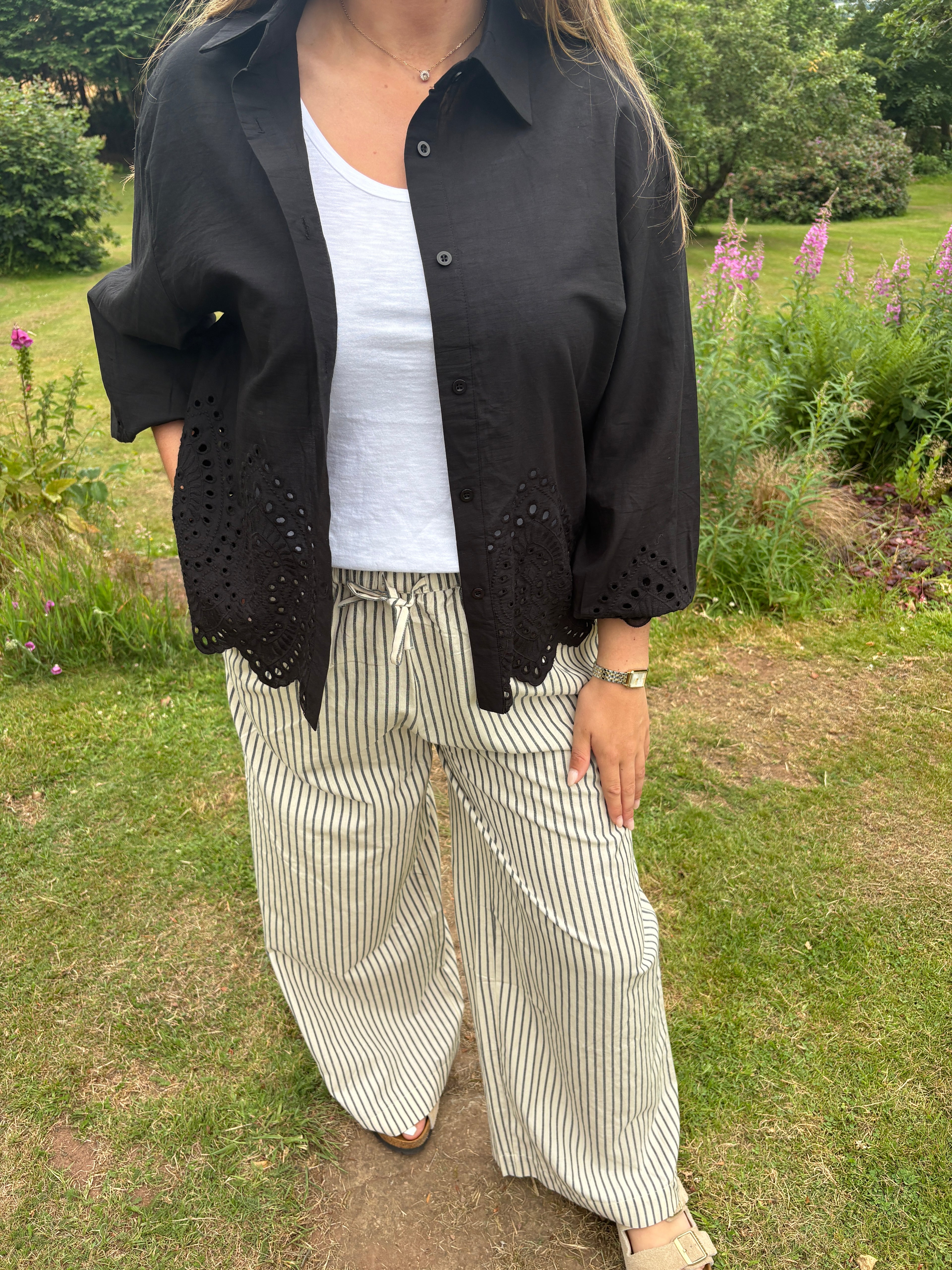 Black Broderie Detail Button Down Shirt