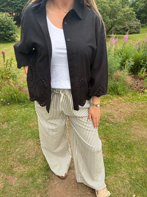 Black Broderie Detail Button Down Shirt