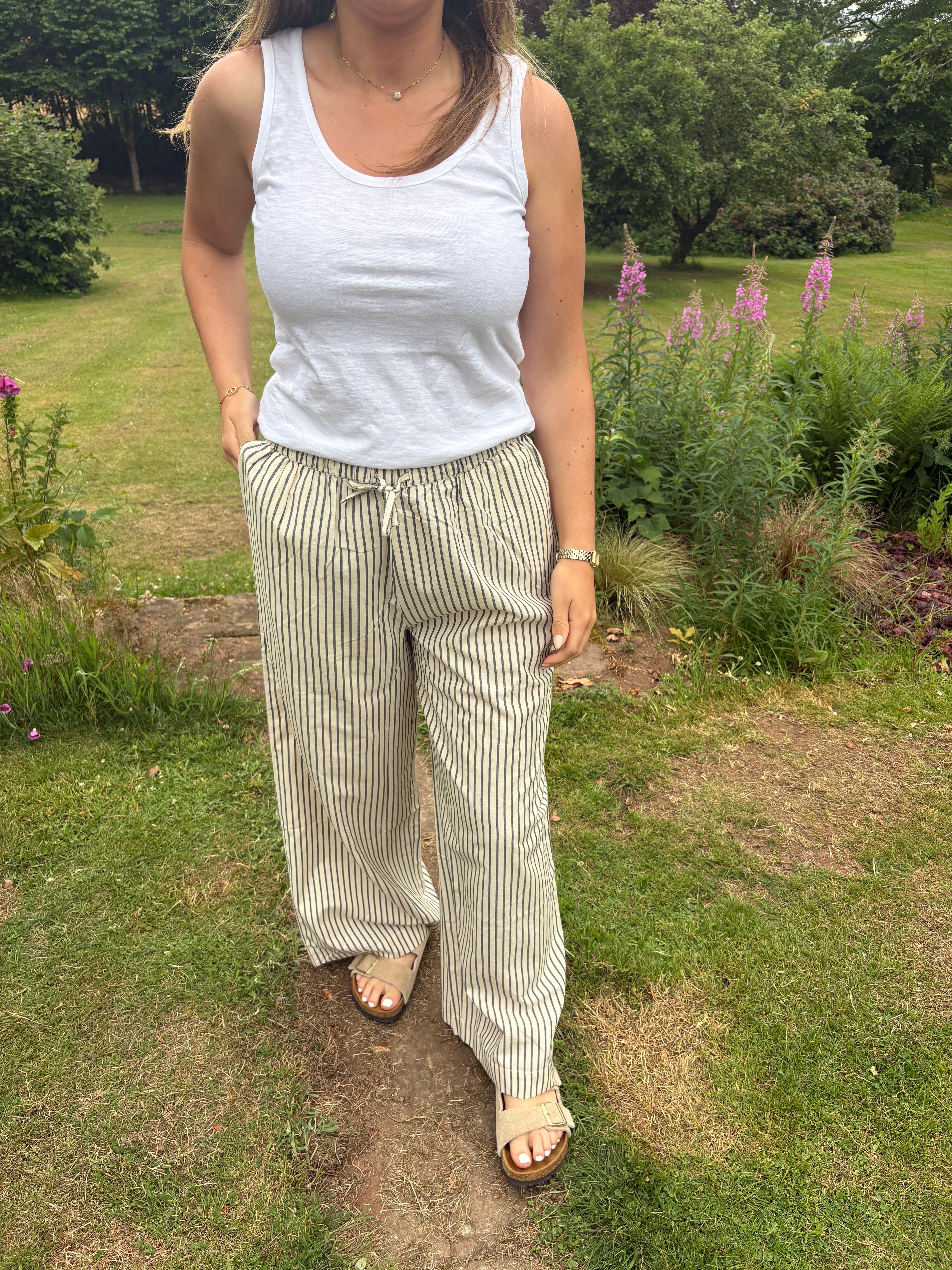Cream & Black Stripe Wide Leg Trousers