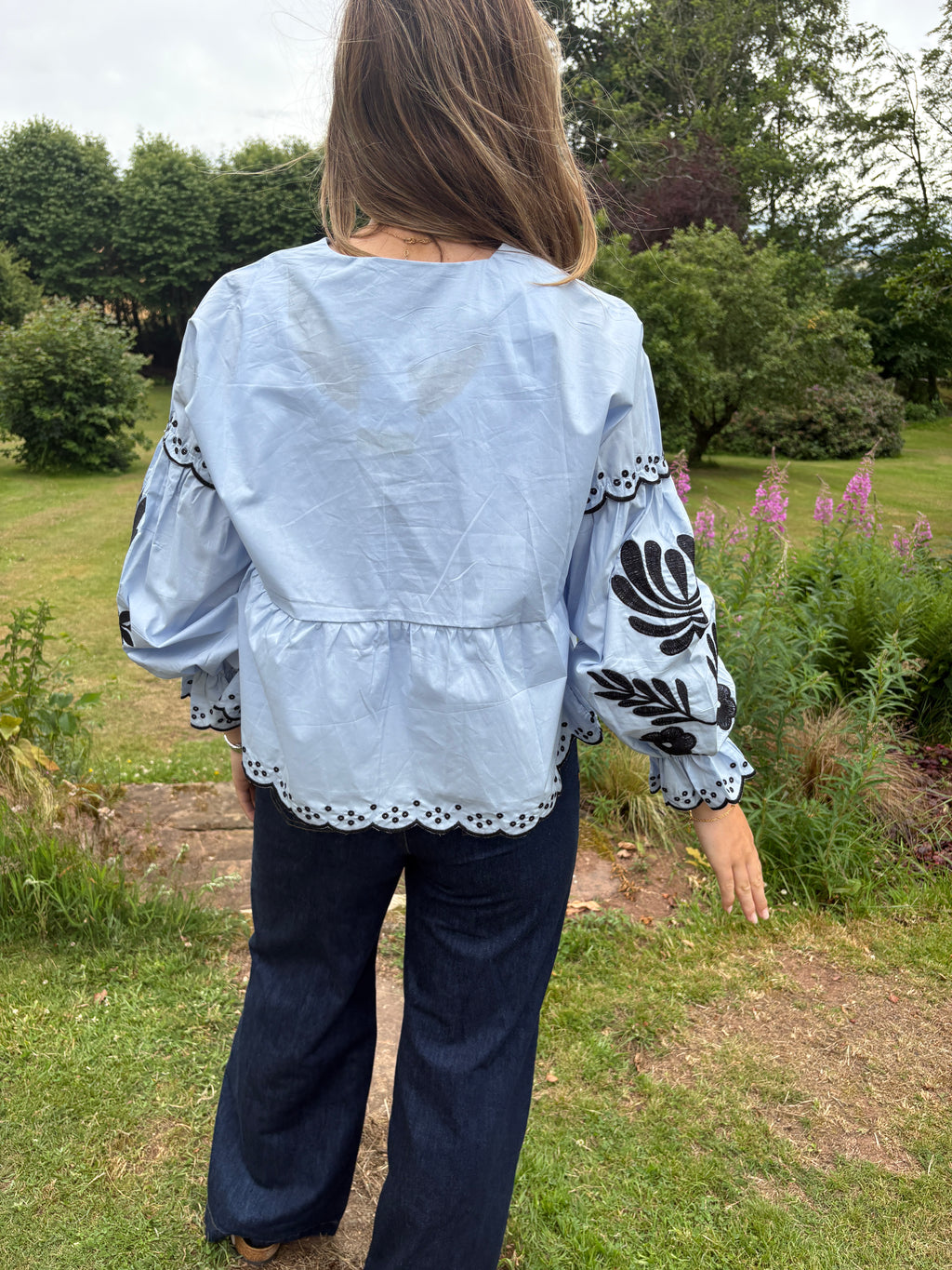 Embroidered Tie Front Blouse