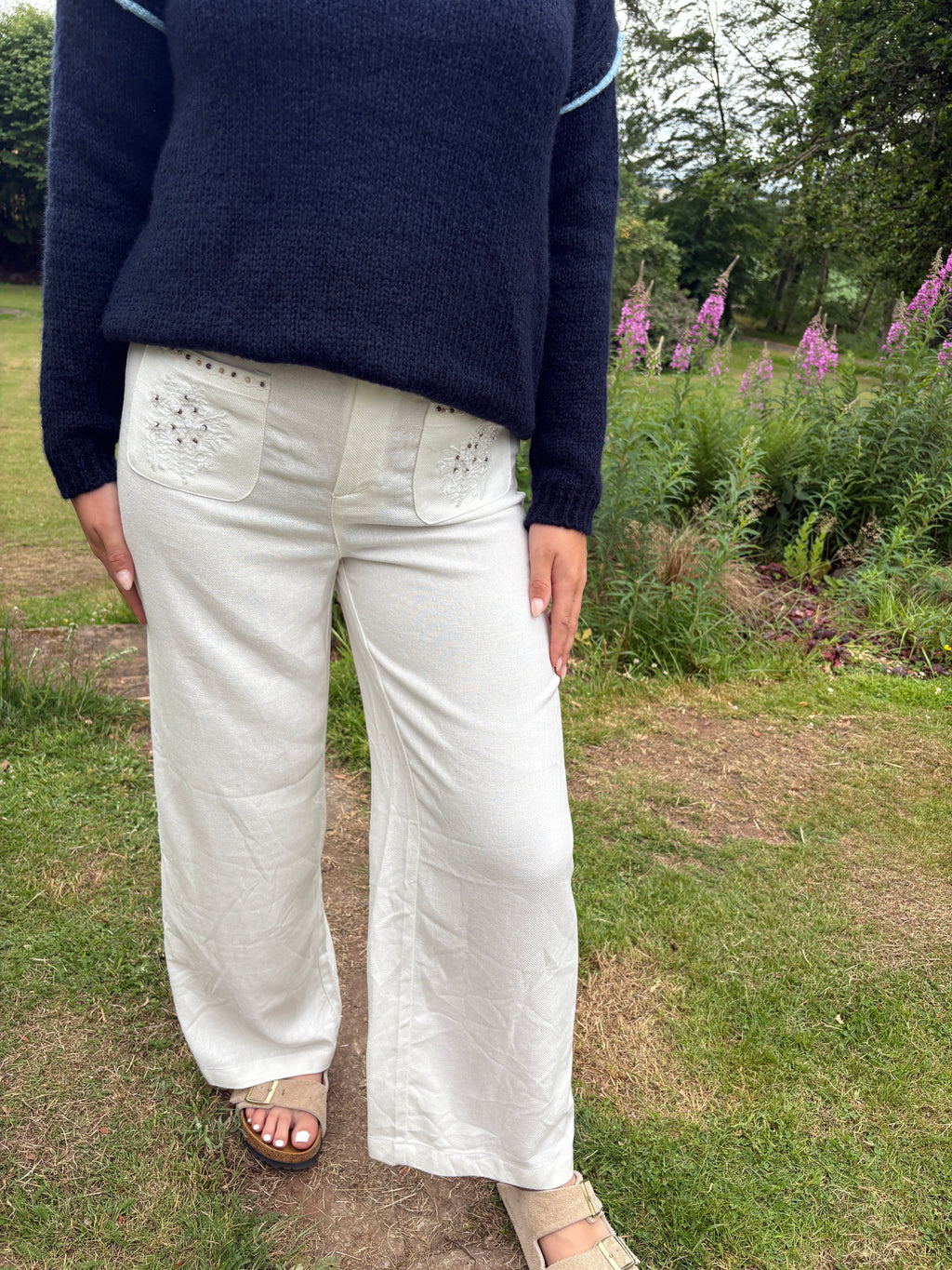 Cream Beaded Wide Leg Trousers