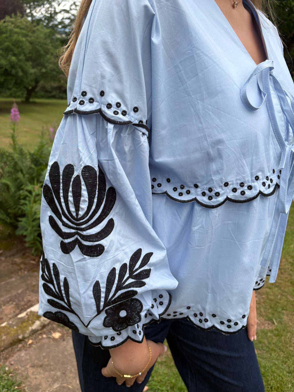 Embroidered Tie Front Blouse