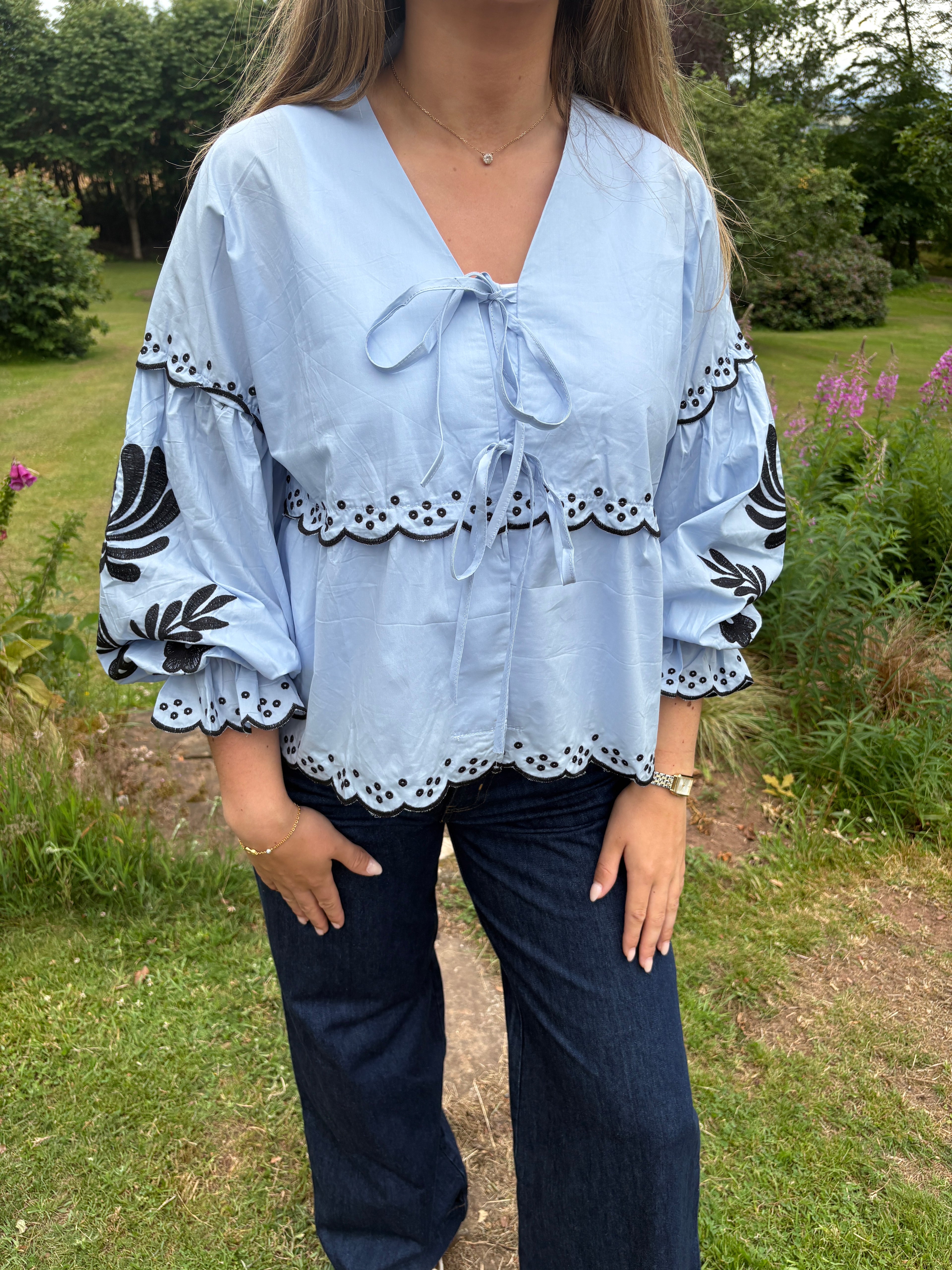 Embroidered Tie Front Blouse