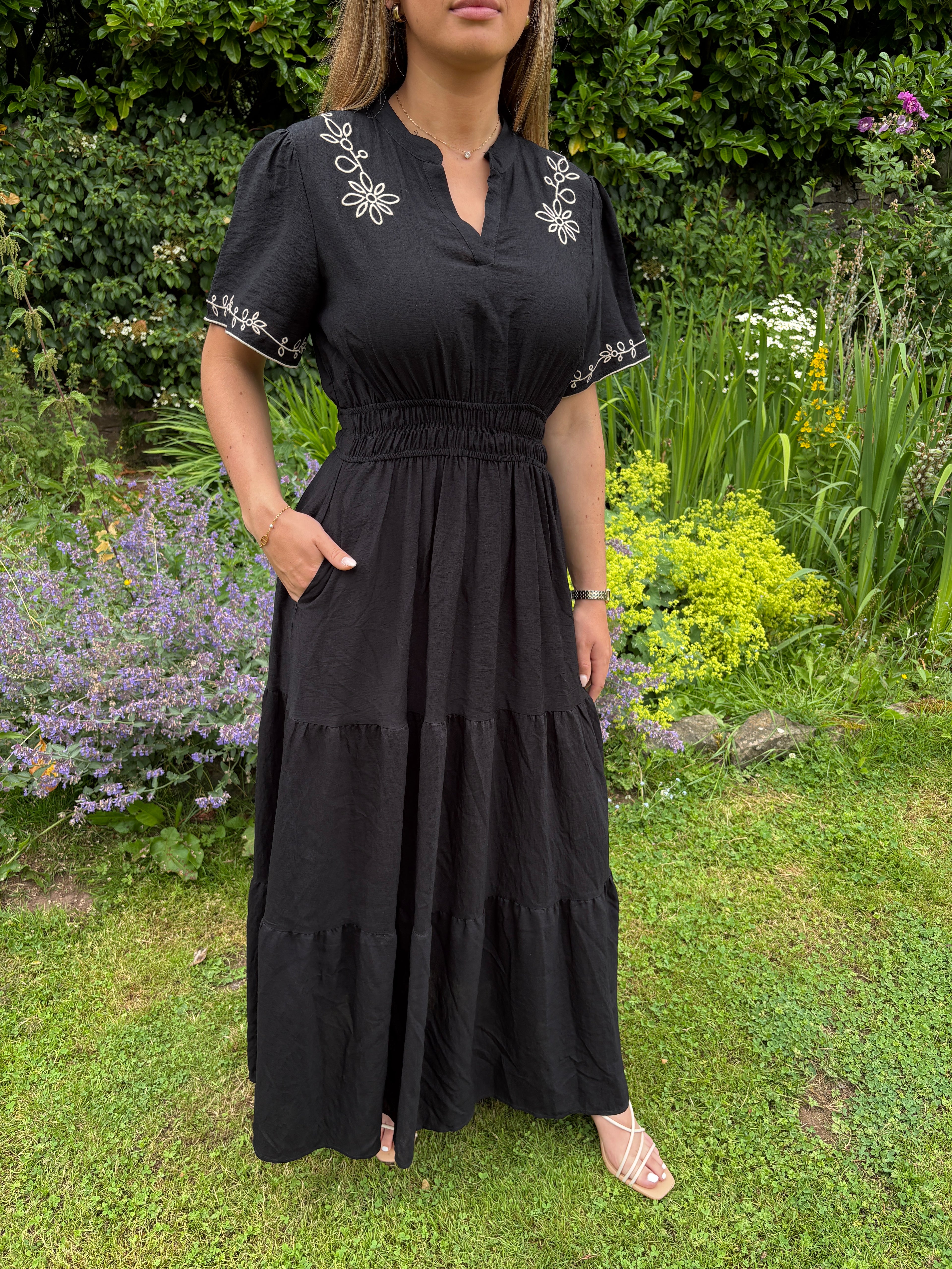 Black Embroidered Tiered Maxi Dress