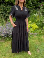 Black Embroidered Tiered Maxi Dress