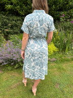 Blue Tropical Print Shirt Midi Dress