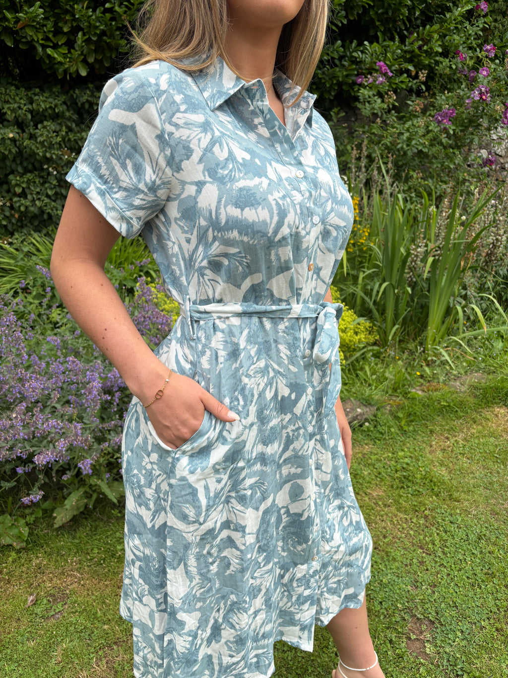 Blue Tropical Print Shirt Midi Dress