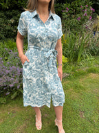 Blue Tropical Print Shirt Midi Dress