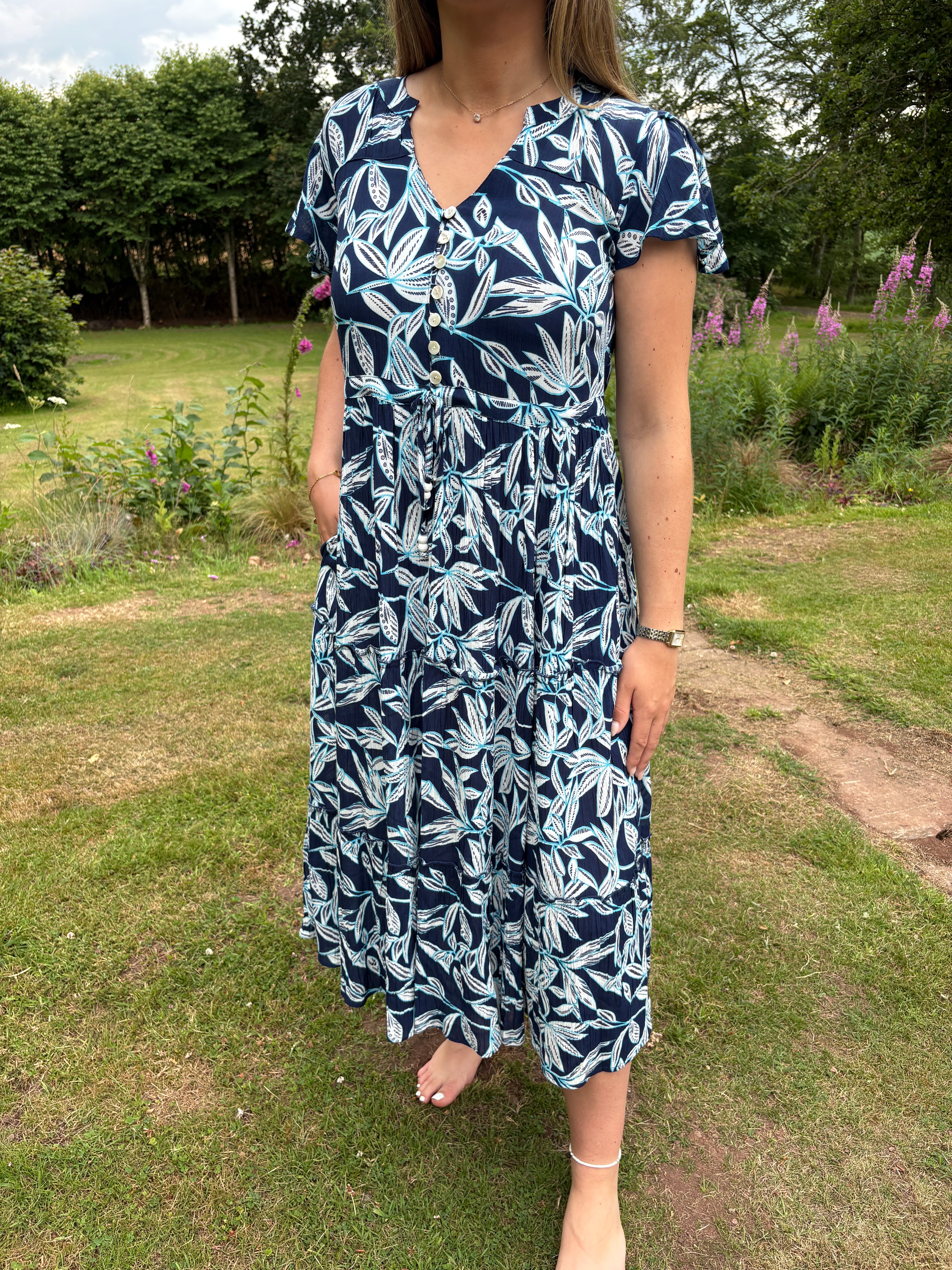 Navy Leaf Print Midi Dress