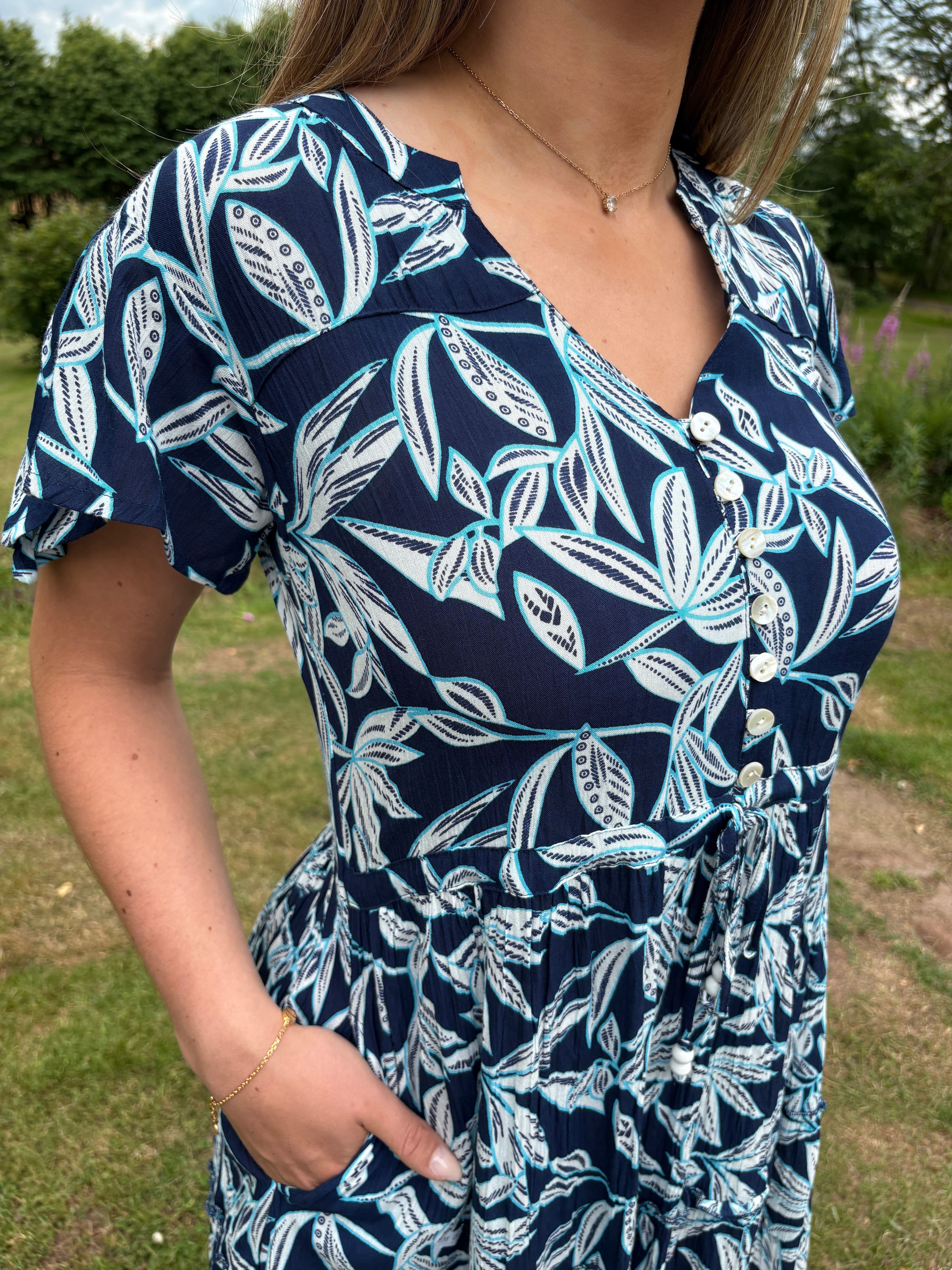Navy Leaf Print Midi Dress