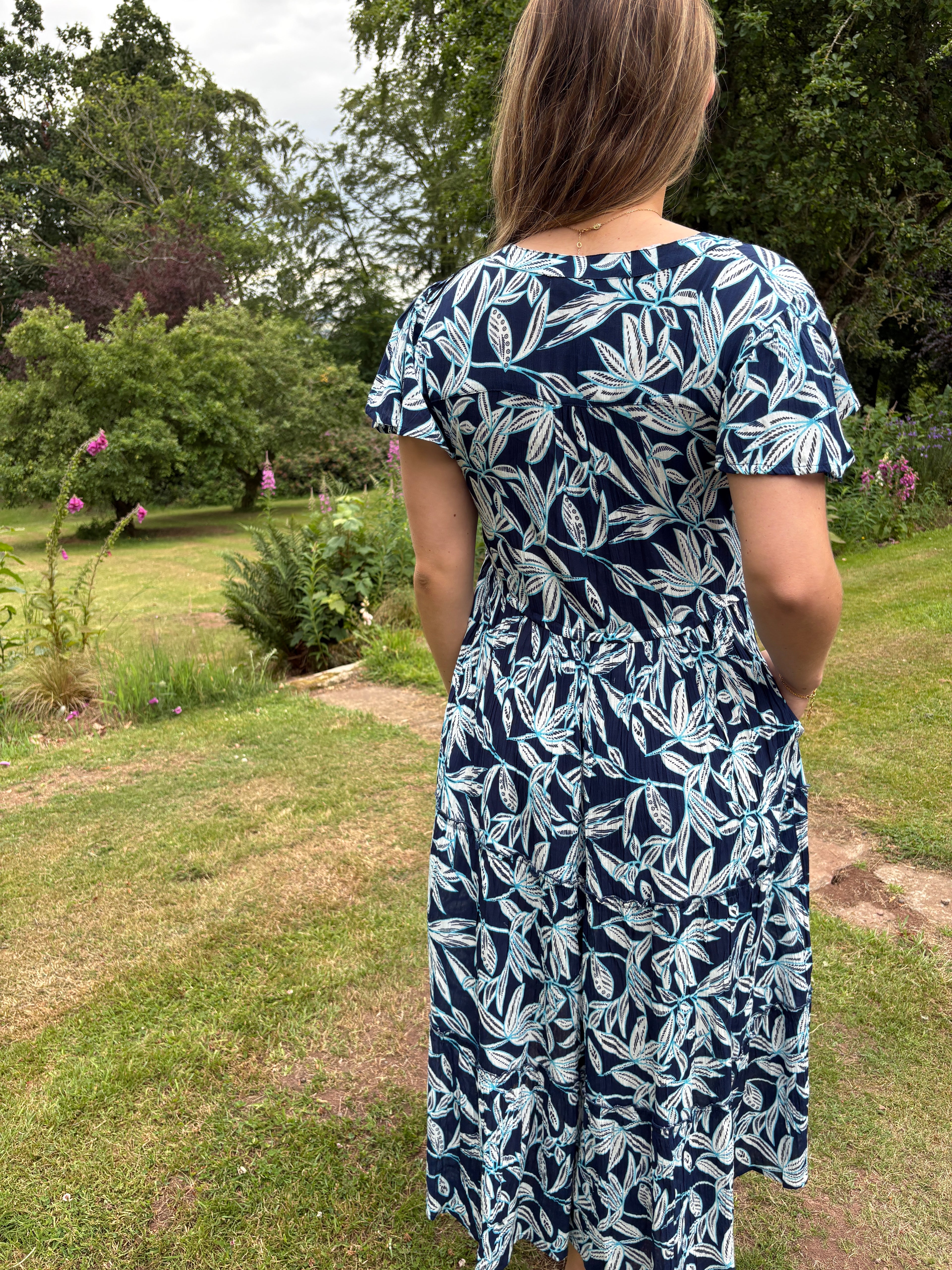 Navy Leaf Print Midi Dress