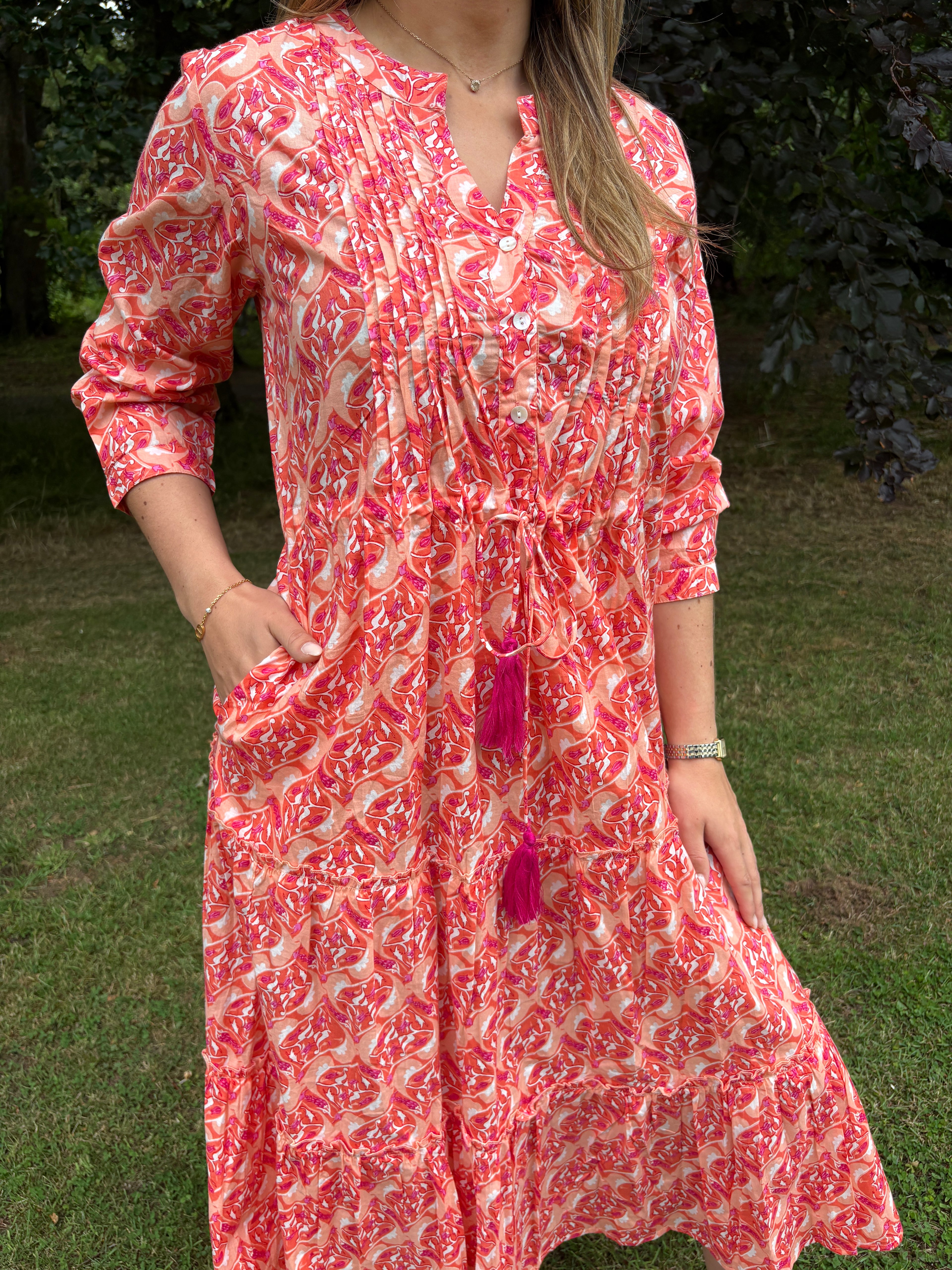 Coral Print Tassel Midi Dress
