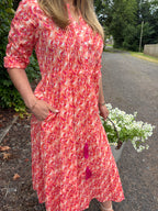 Coral Print Tassel Midi Dress
