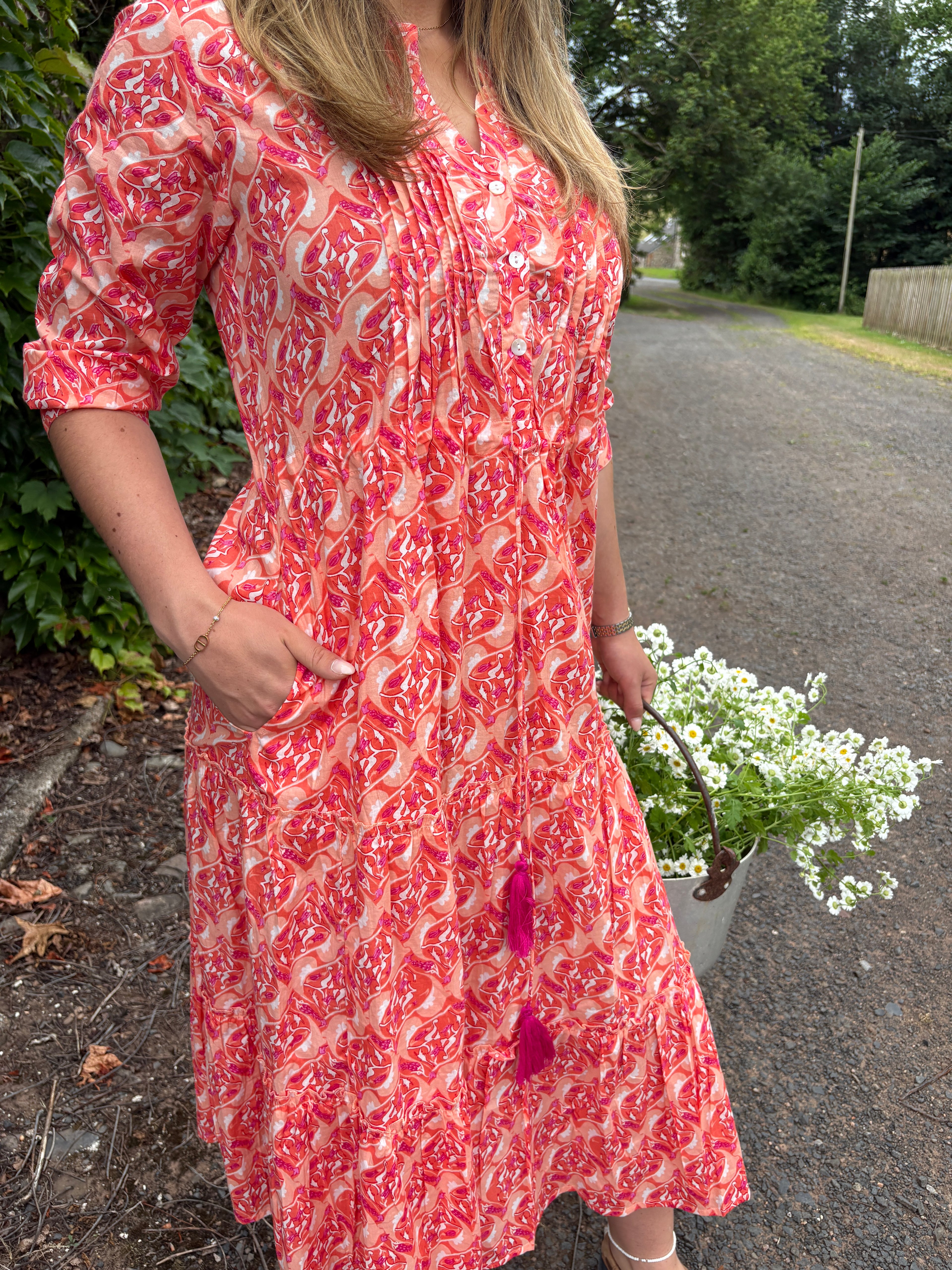 Coral Print Tassel Midi Dress