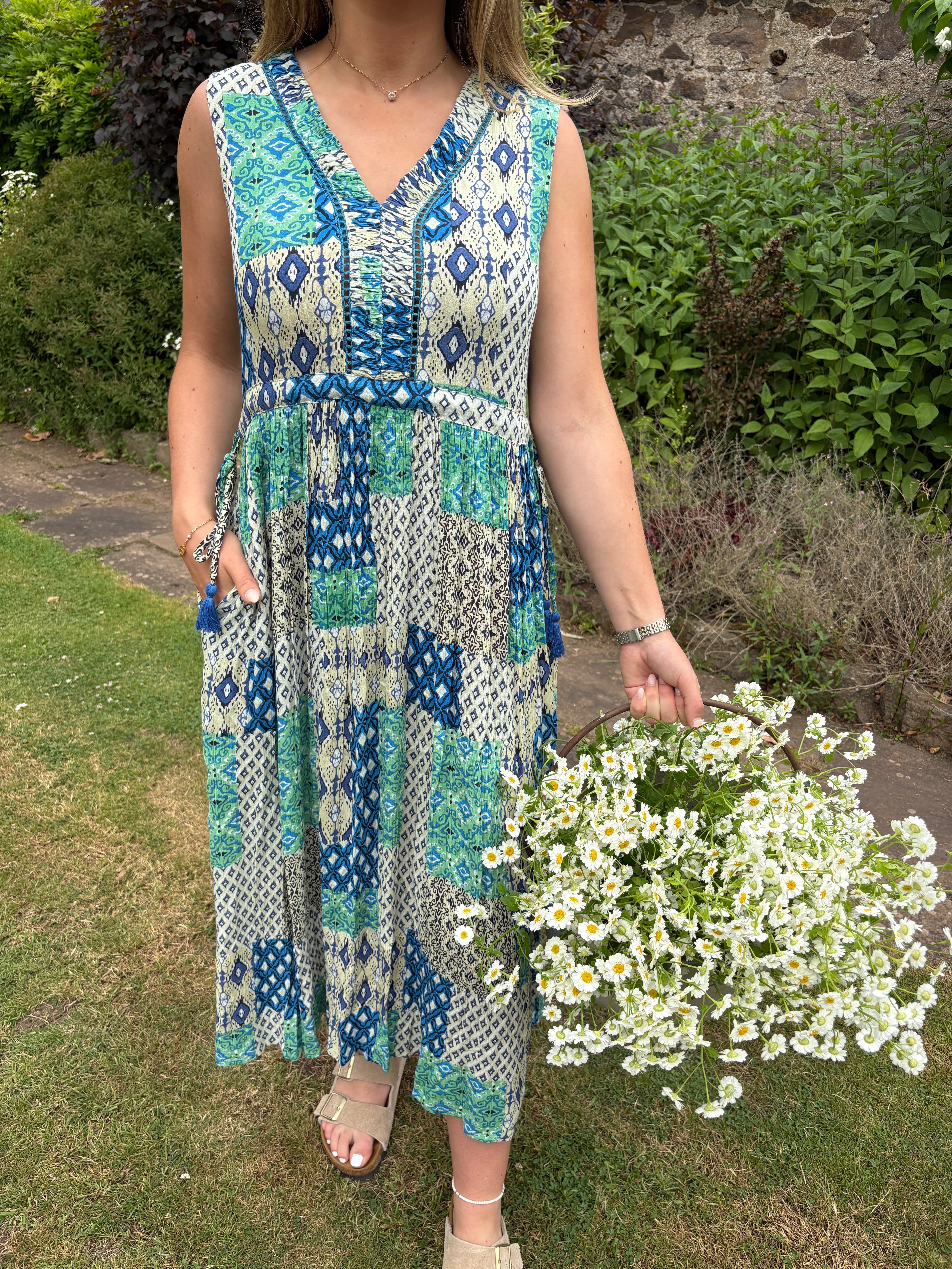 Blue & Green Patch Print Midi Dress