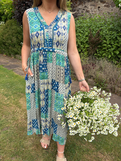 Blue & Green Patch Print Midi Dress