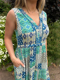Blue & Green Patch Print Midi Dress