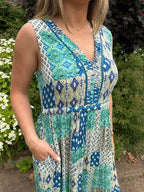 Blue & Green Patch Print Midi Dress