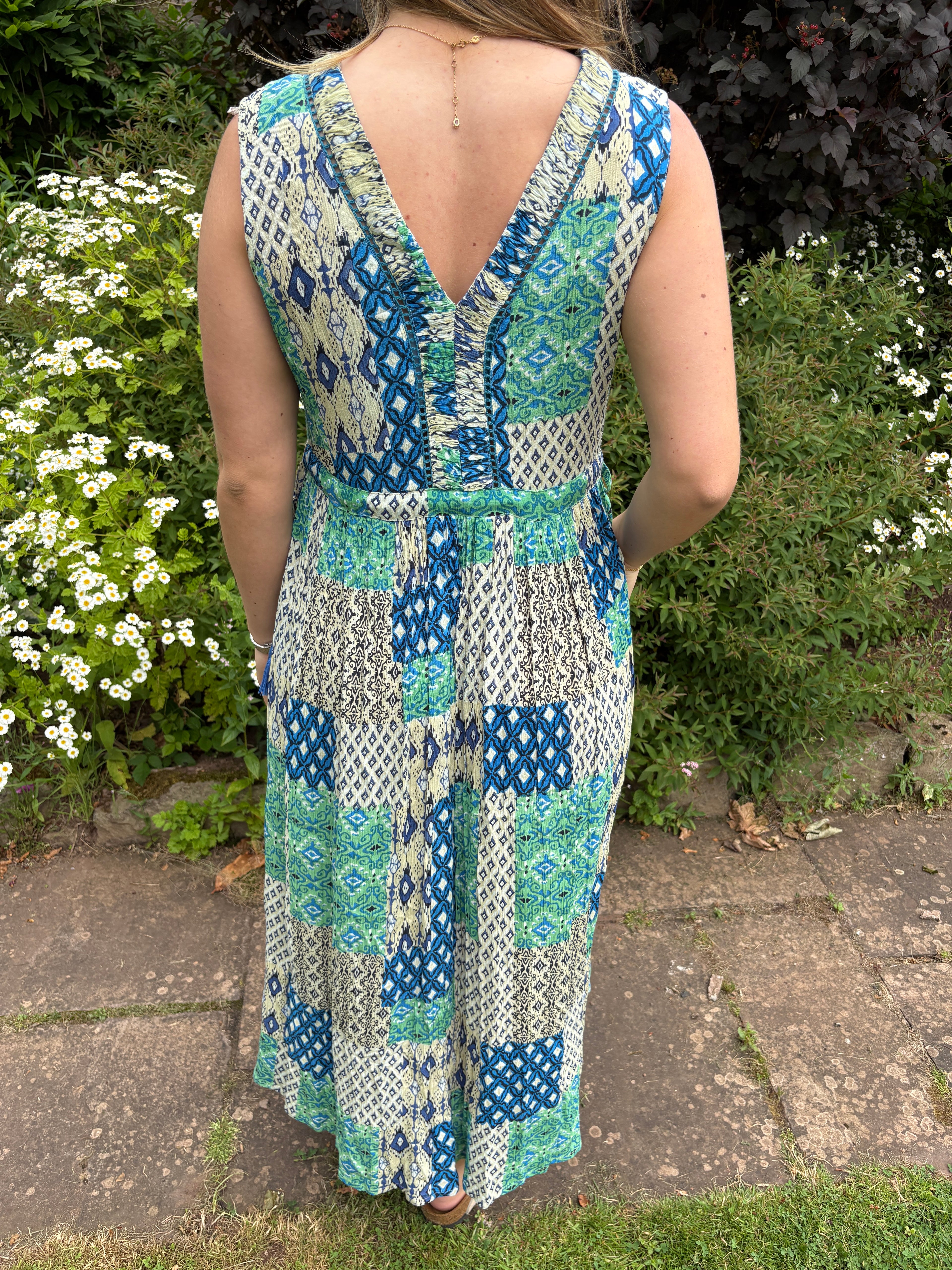 Blue & Green Patch Print Midi Dress
