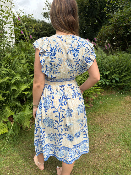Blue & Cream Printed Midi Dress