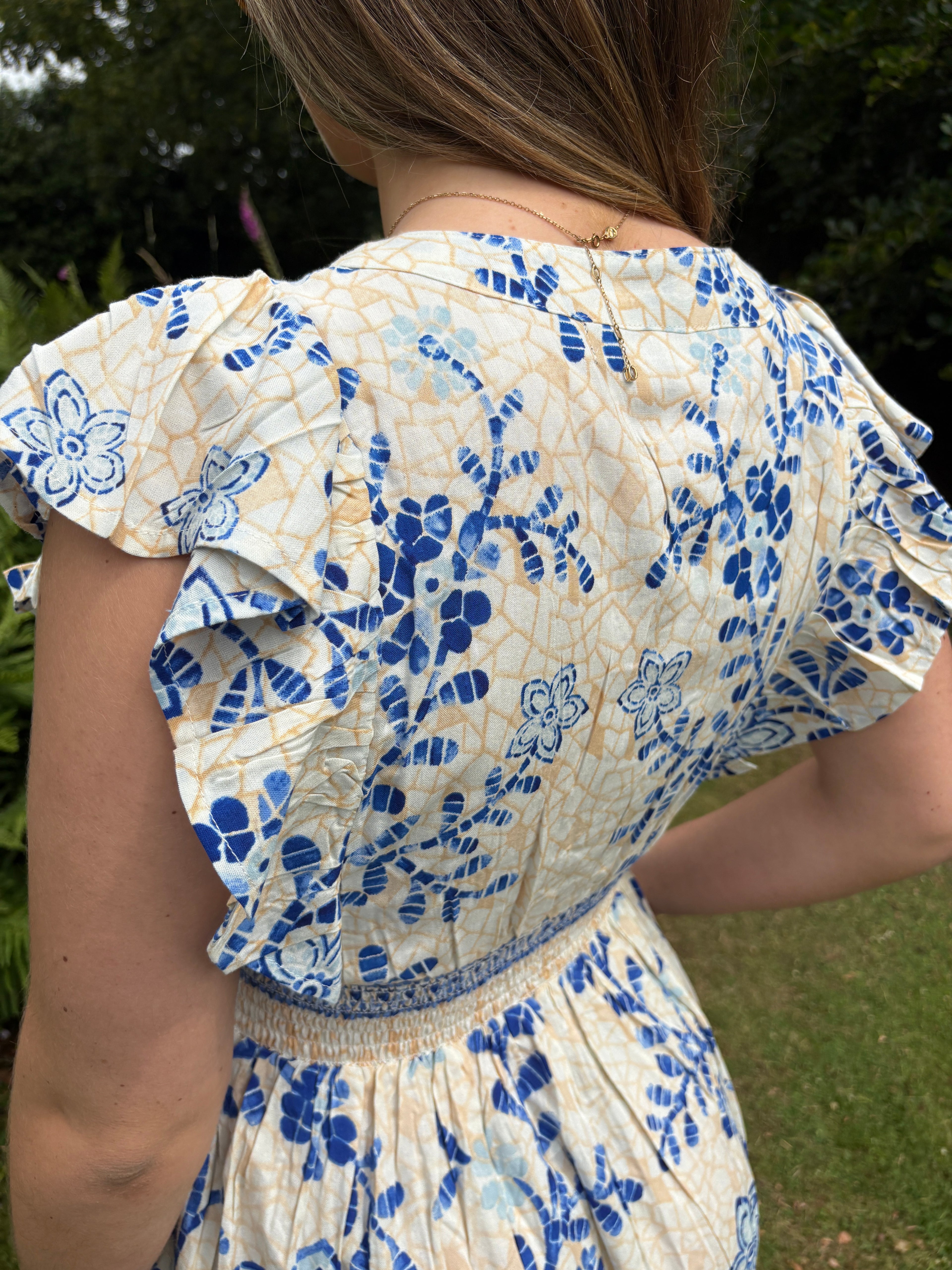 Blue & Cream Printed Midi Dress – Travelling Wardrobe