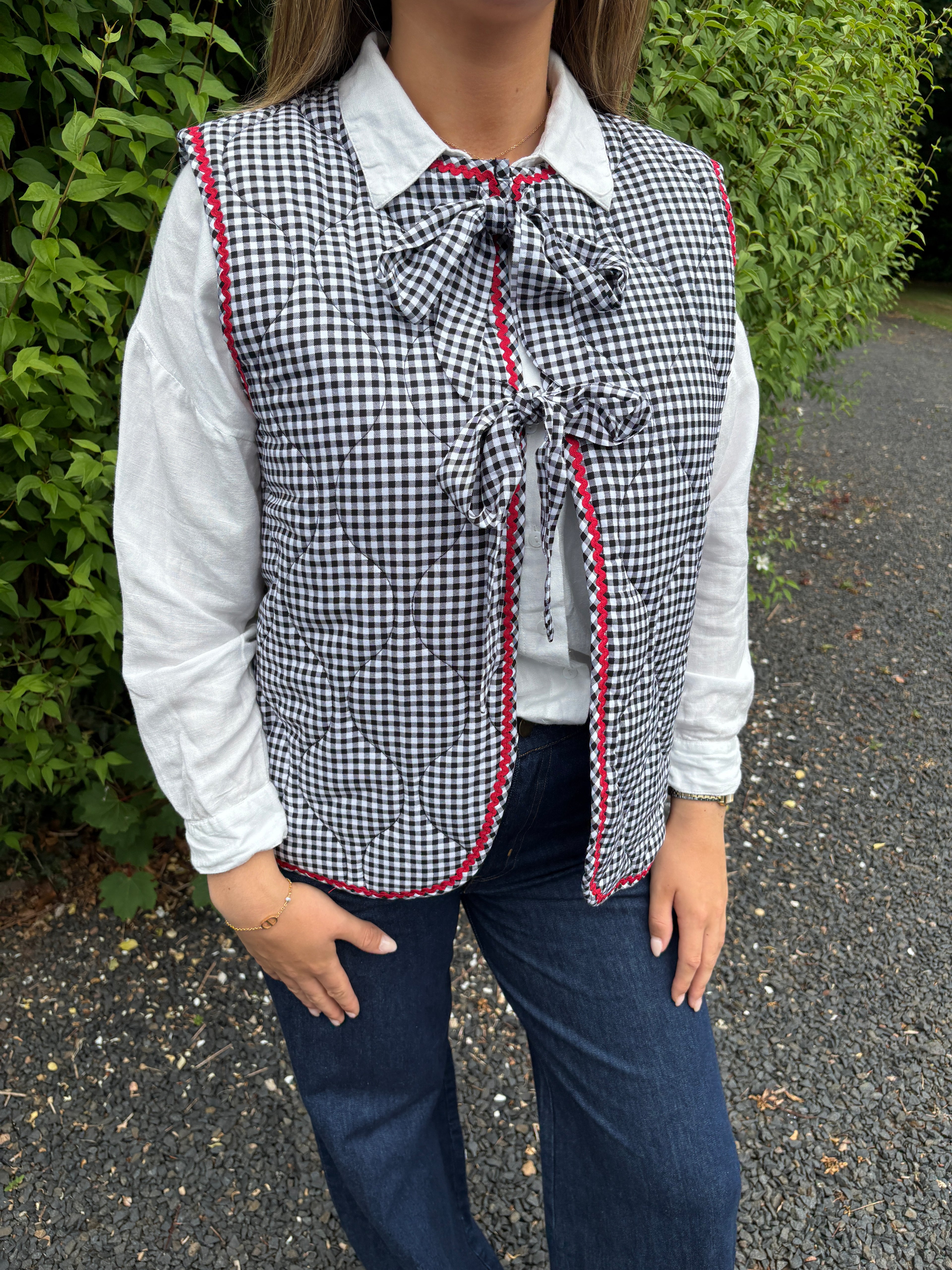 Gingham Tie Front Quilted Gilet