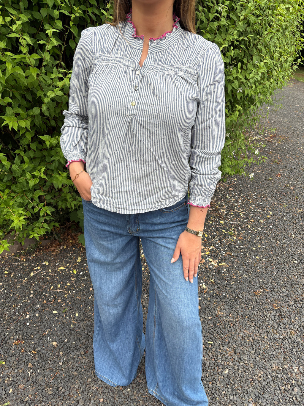 Pink Trim Stripe Blouse