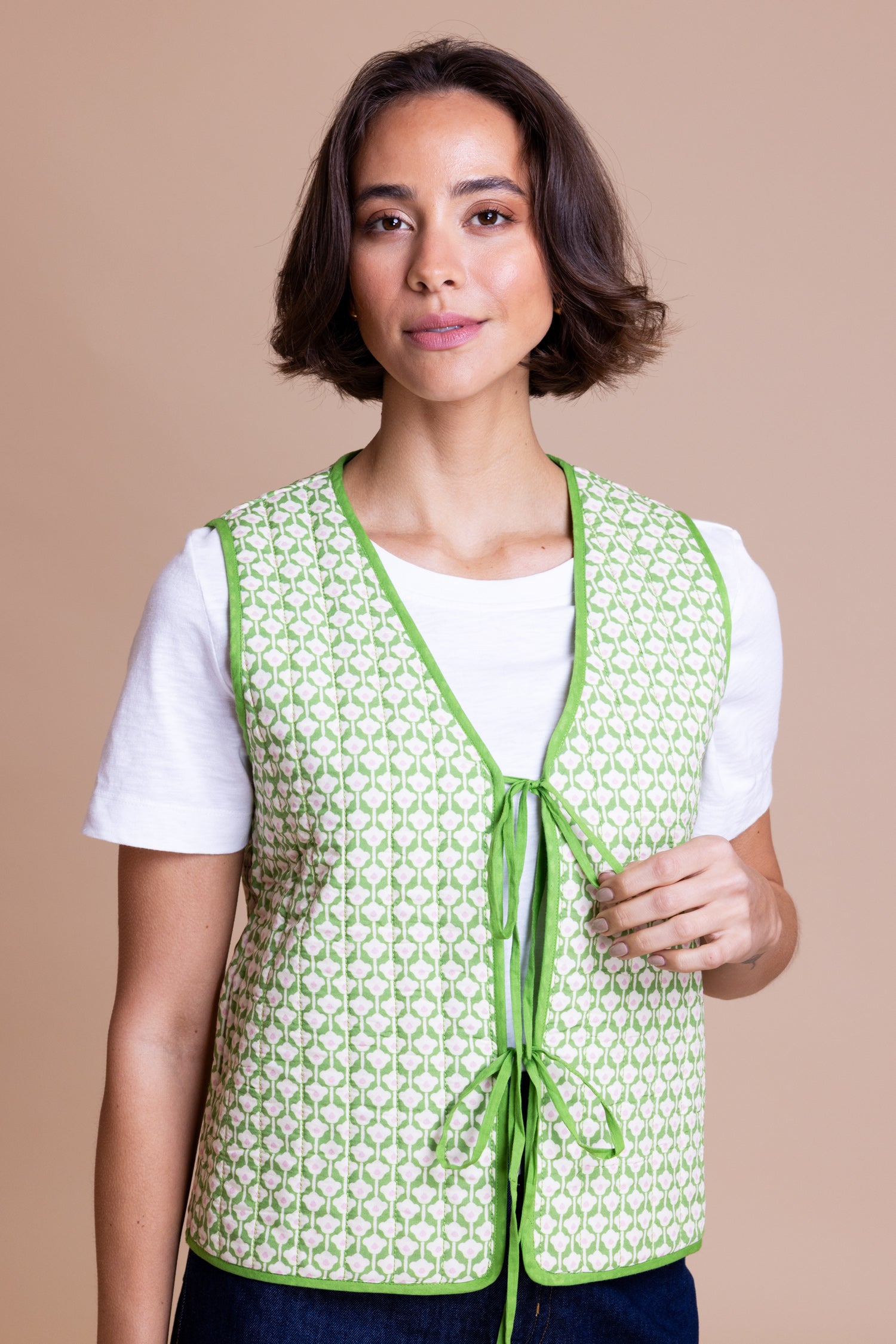 Green Floral Geometric Tie Front Gilet