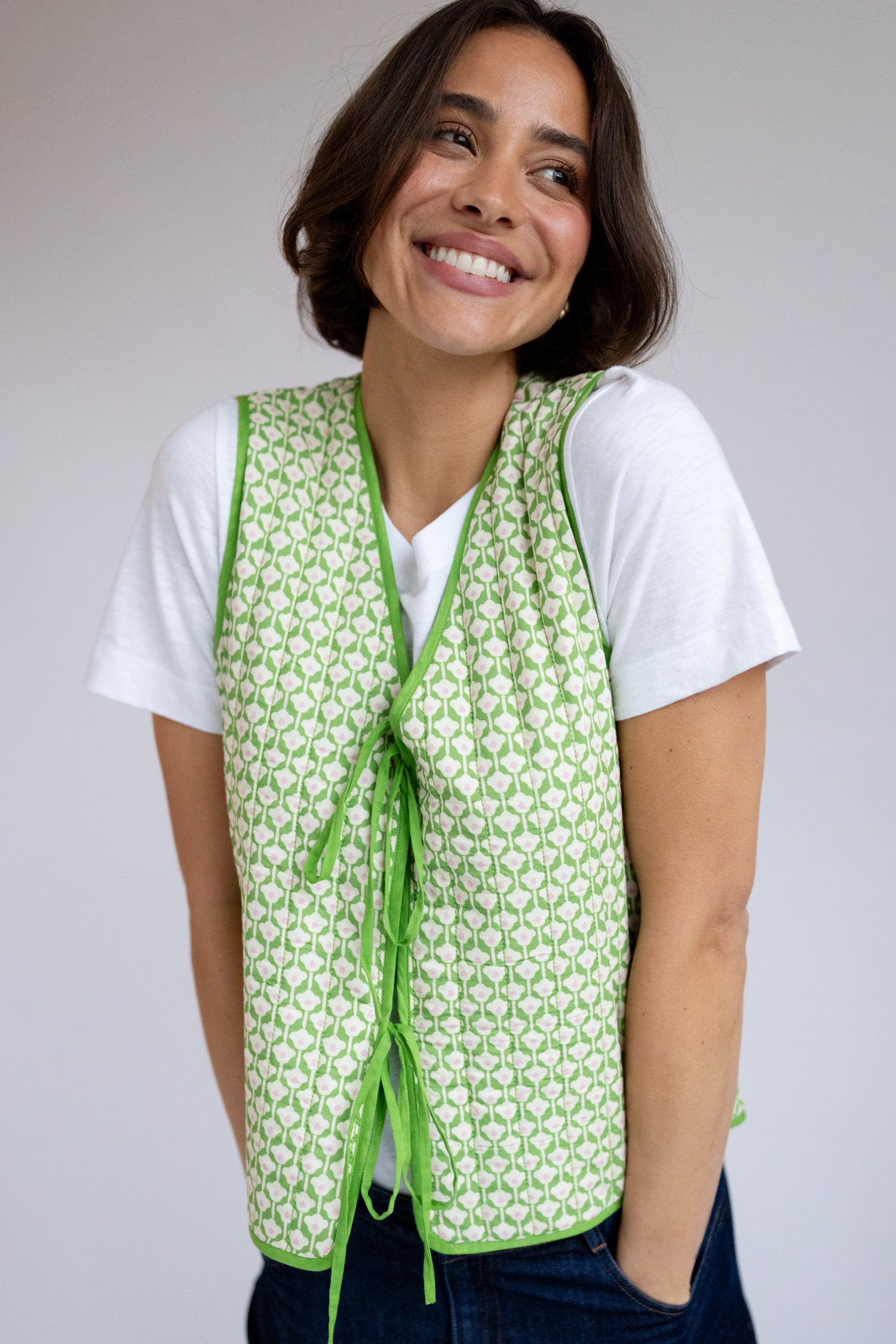 Green Floral Geometric Tie Front Gilet