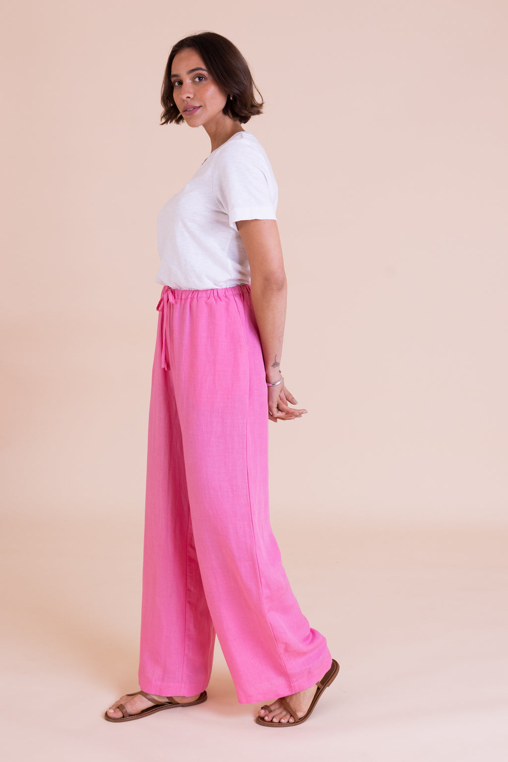 Pink Linen Blend Wide Leg Trousers