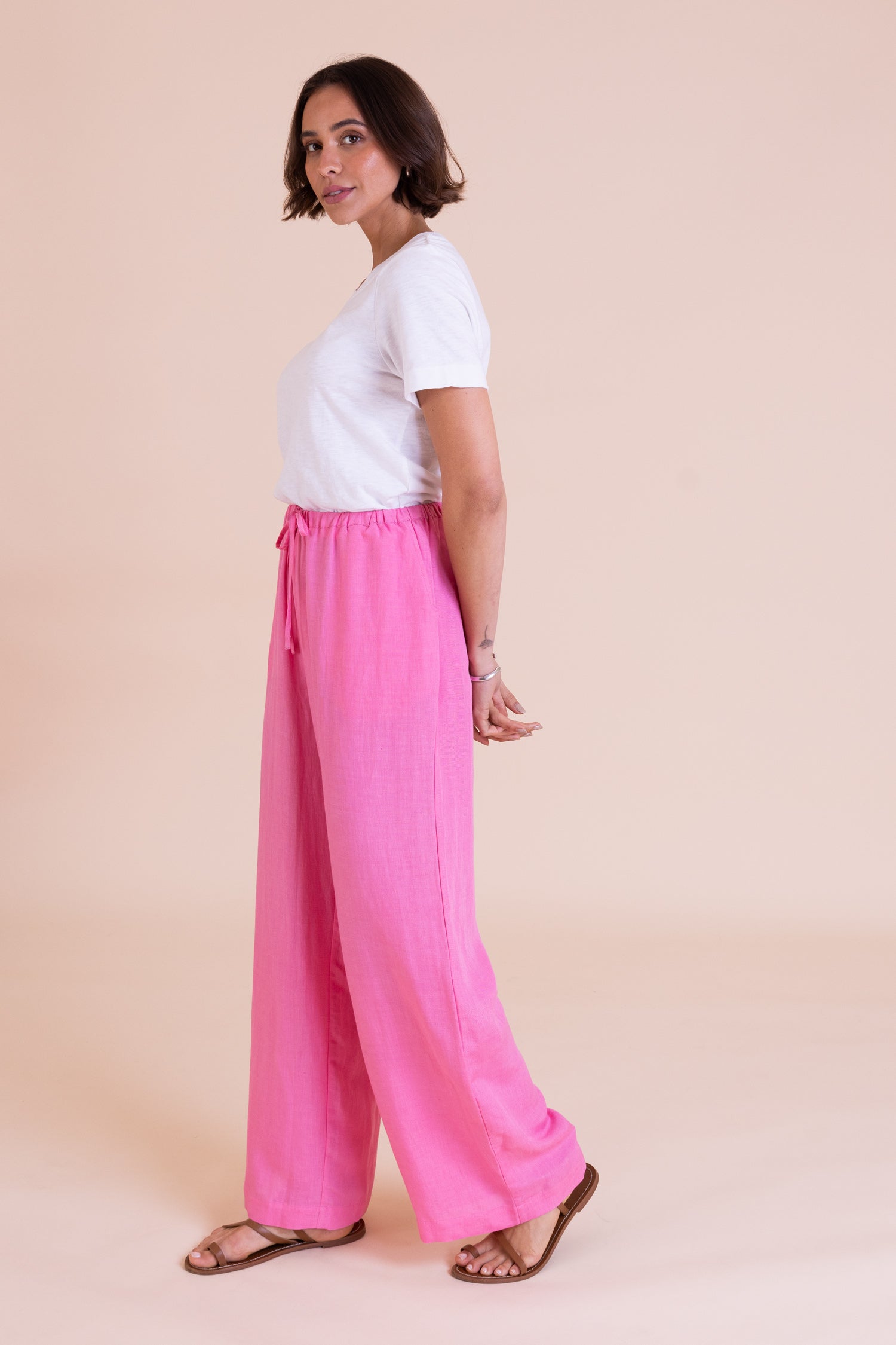 Pink Linen Blend Wide Leg Trousers