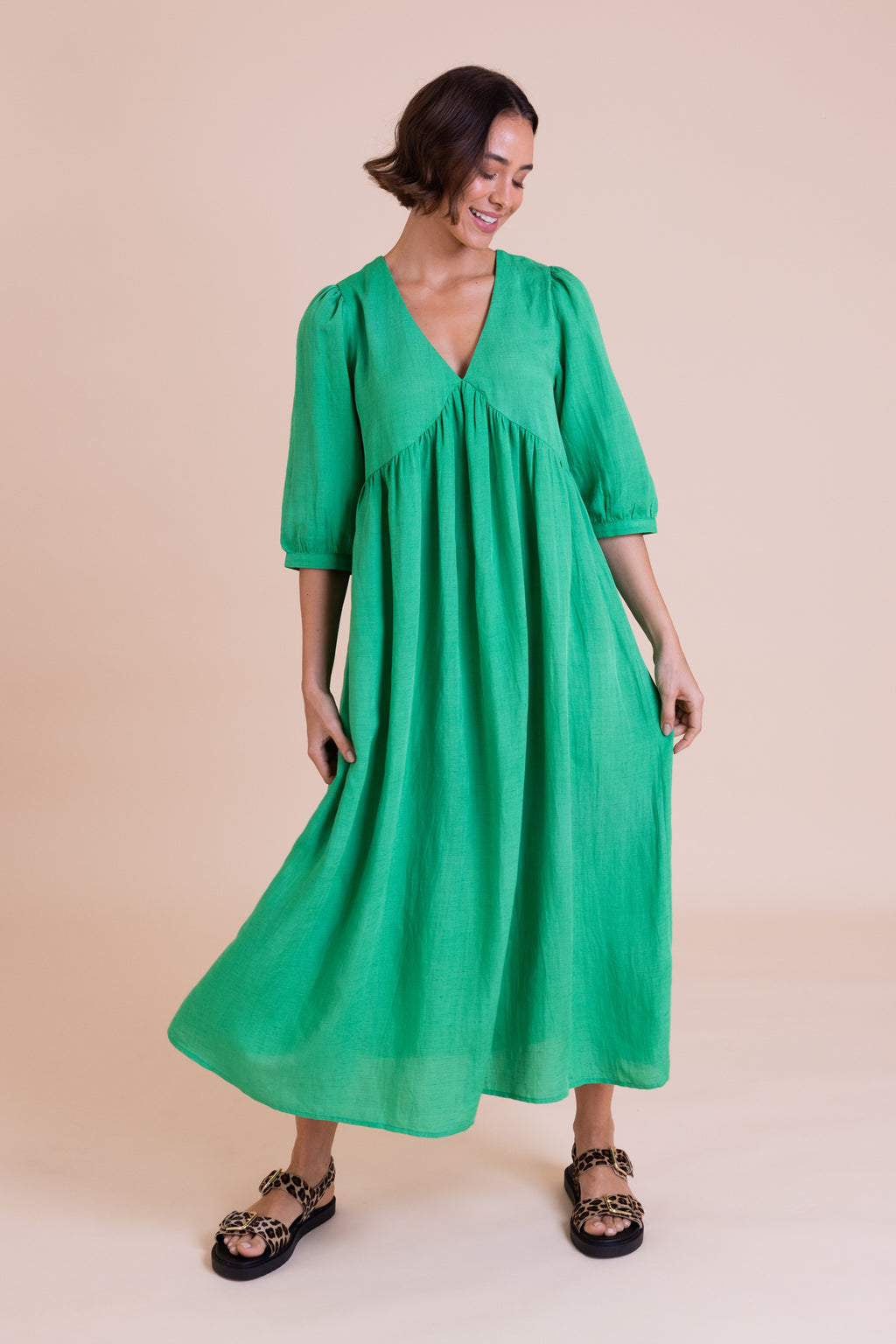 Green Linen Blend Midi Dress