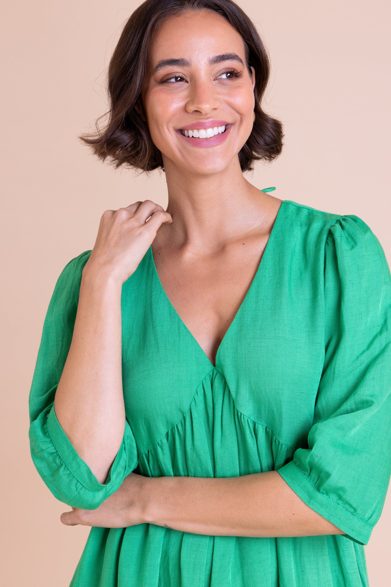 Green Linen Blend Midi Dress