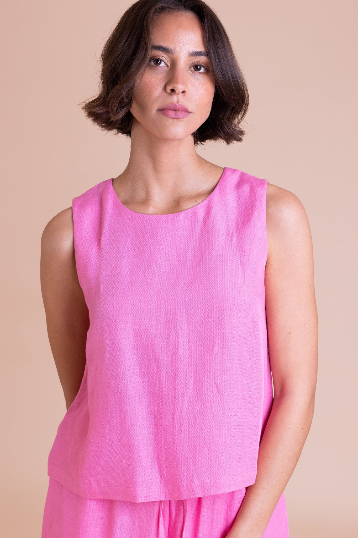 Pink Linen Blend Sleeveless Top