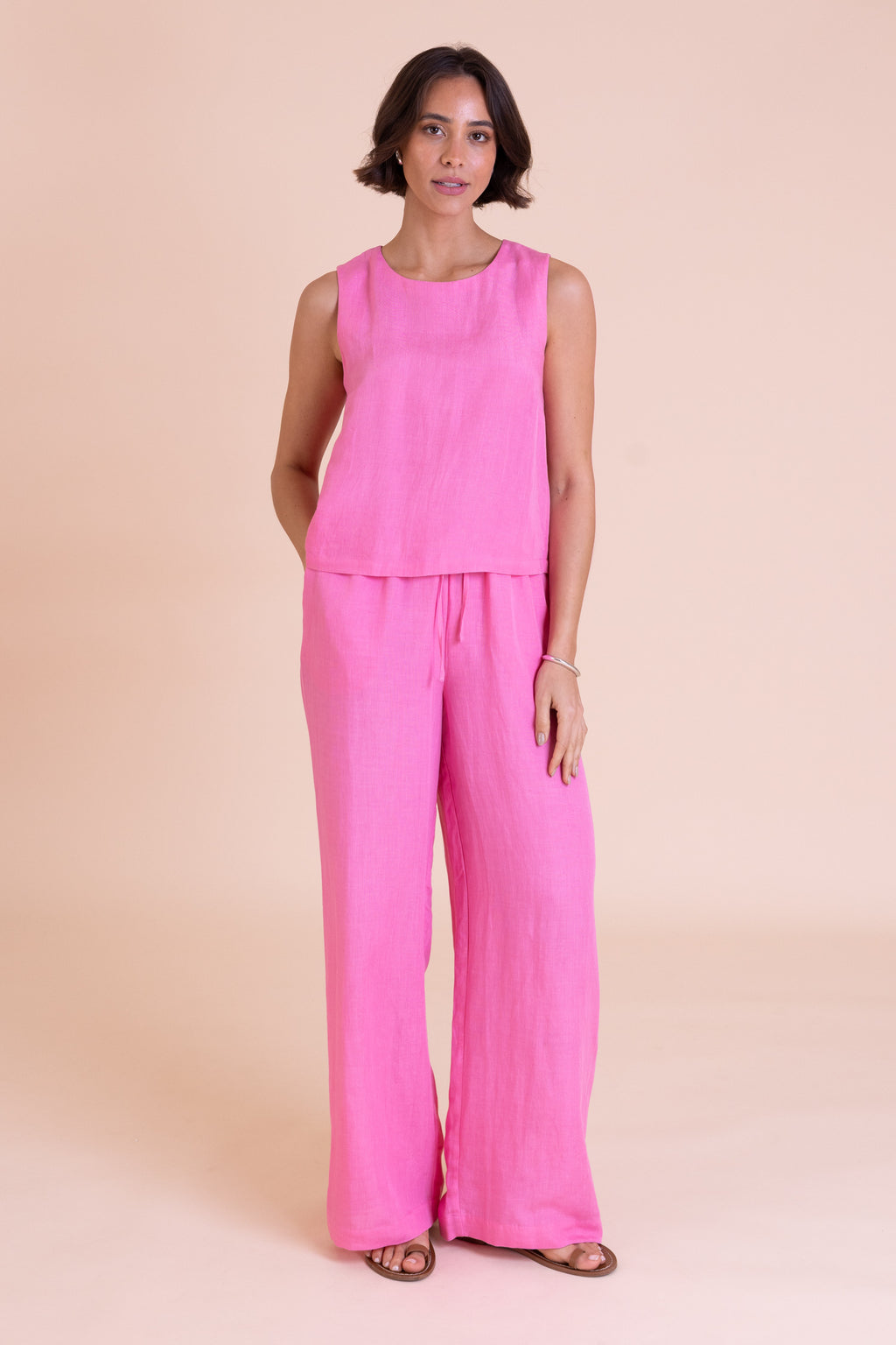 Pink Linen Blend Sleeveless Top