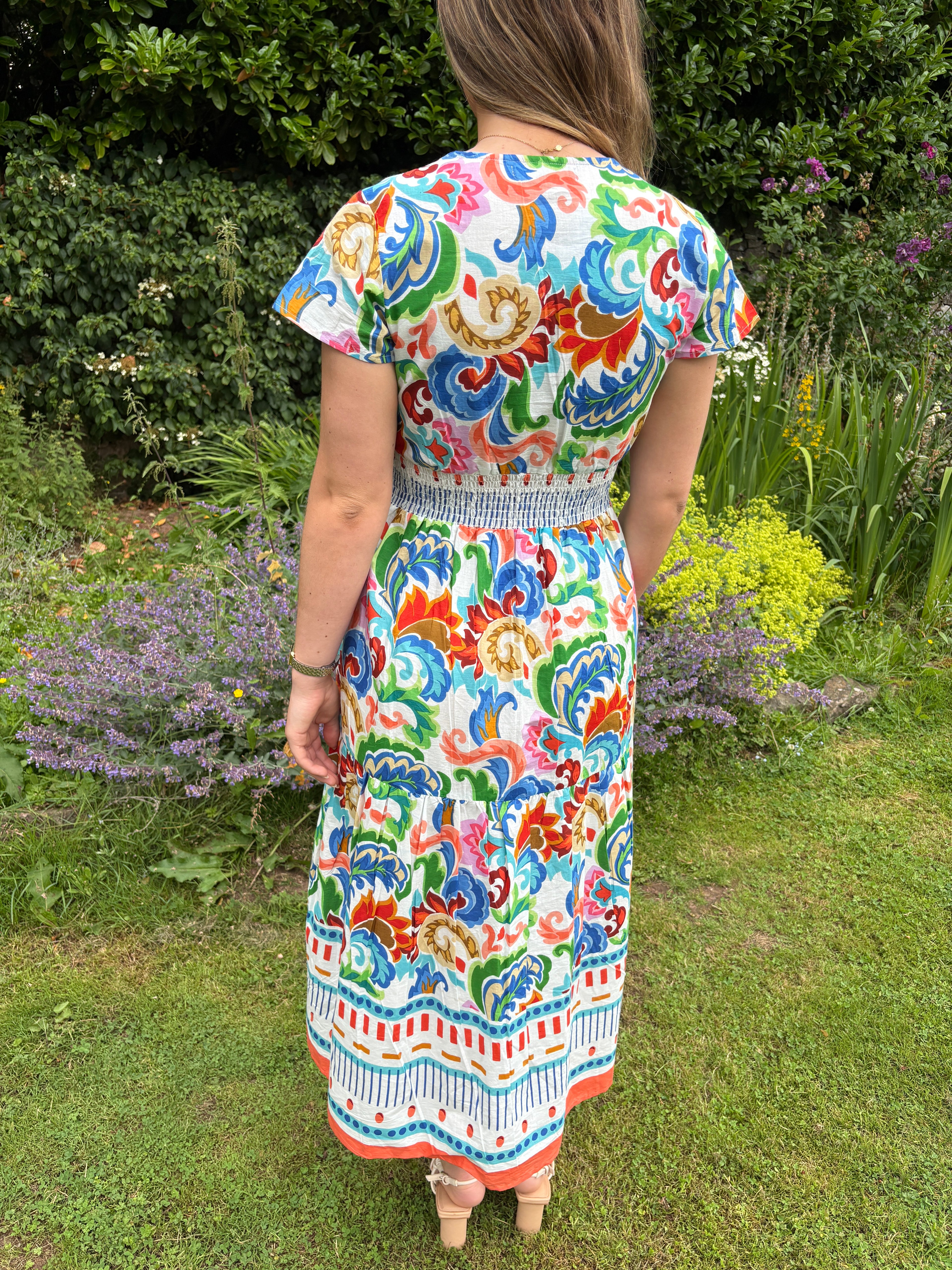 Multi Print V-Neck Midi Dress