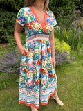 Multi Print V-Neck Midi Dress