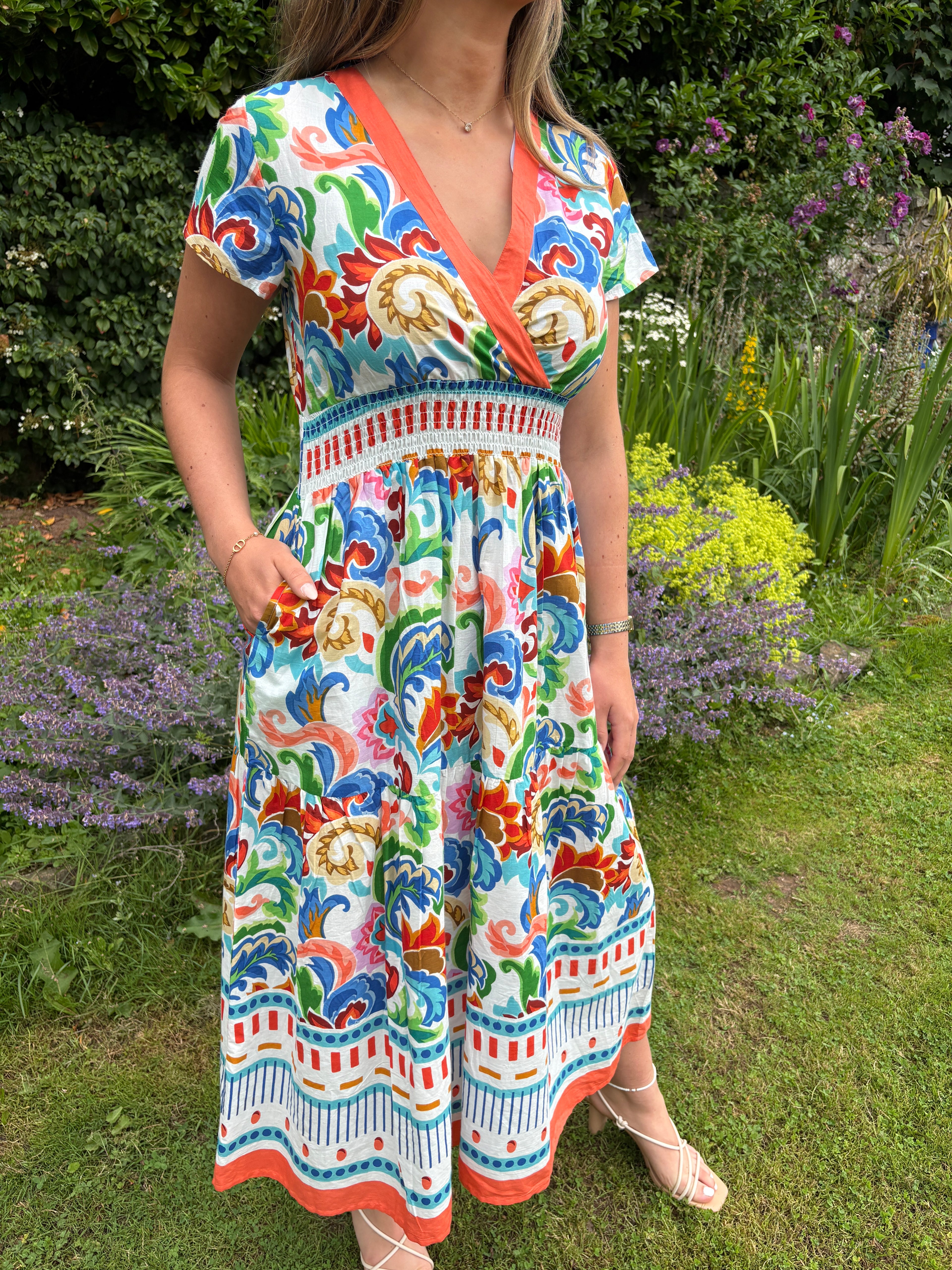 Multi Print V-Neck Midi Dress