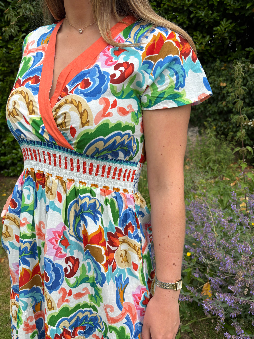 Multi Print V-Neck Midi Dress