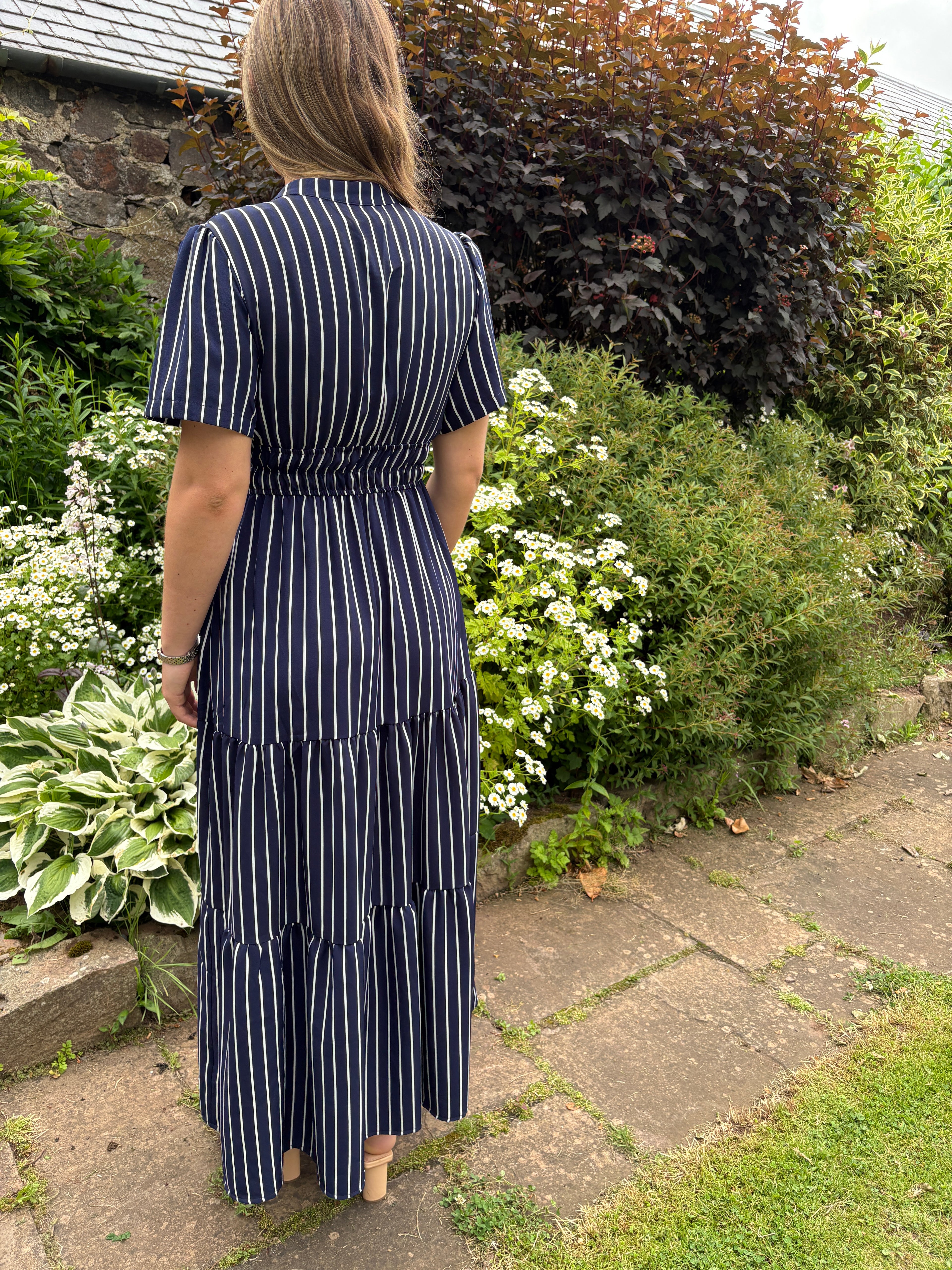 Navy Stripe Tiered Midi Dress