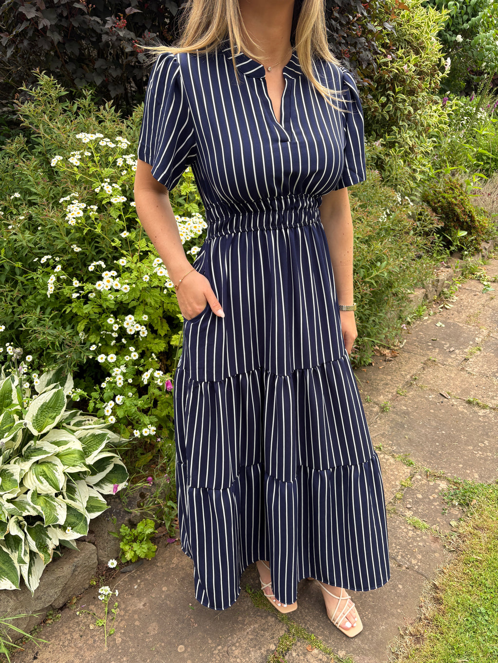 Navy Stripe Tiered Midi Dress