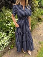 Navy Stripe Tiered Midi Dress