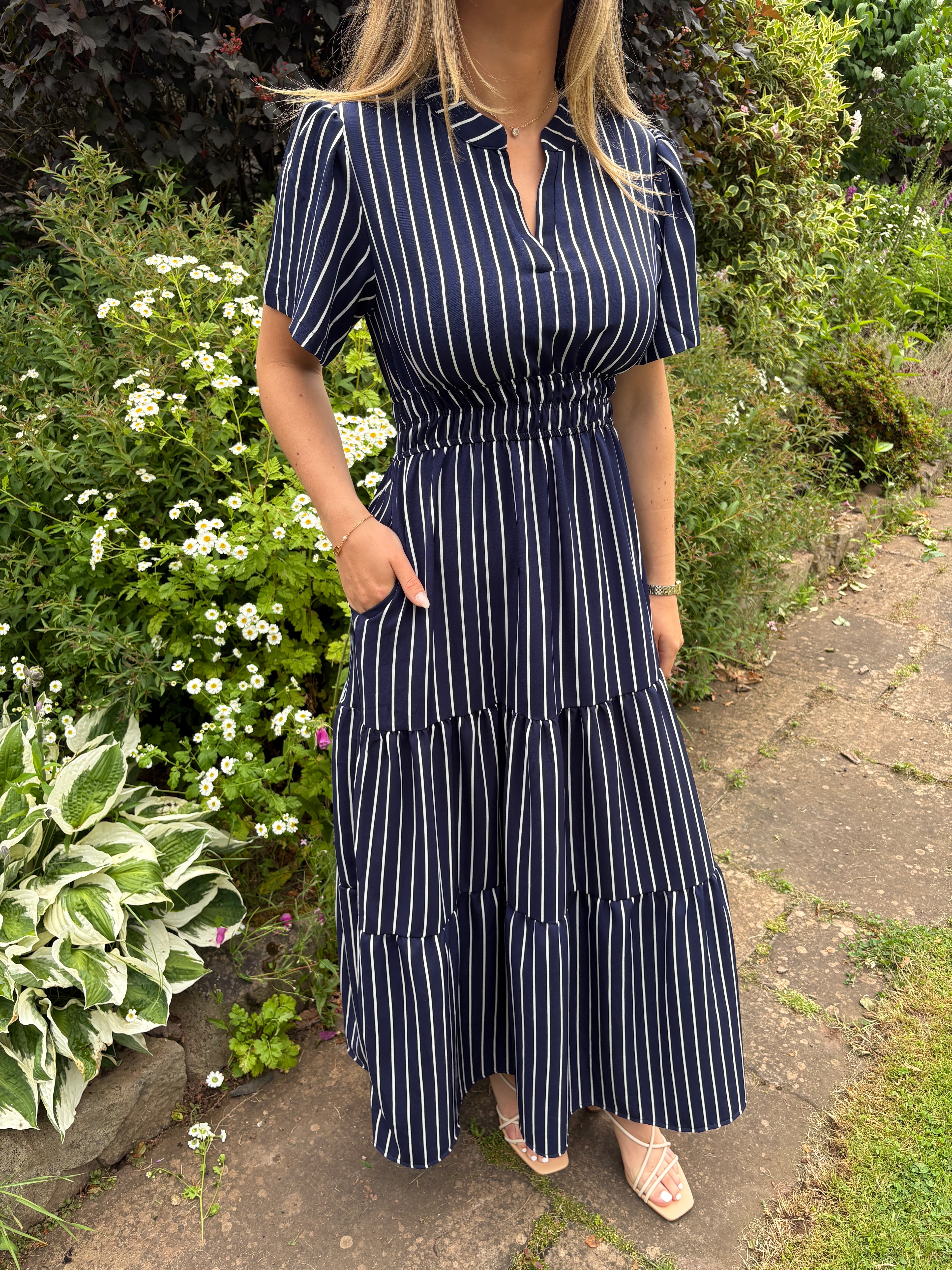 Navy Stripe Tiered Midi Dress