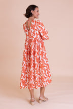 Orange Floral Print Midi Dress