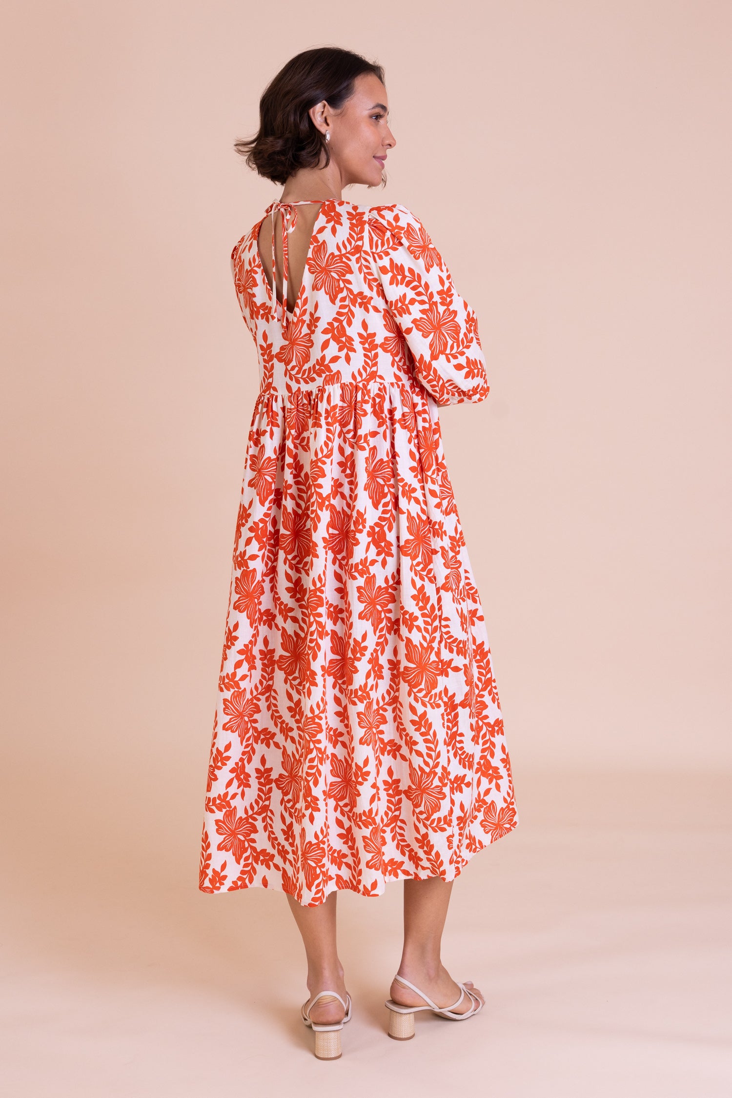 Orange Floral Print Midi Dress