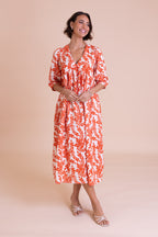 Orange Floral Print Midi Dress