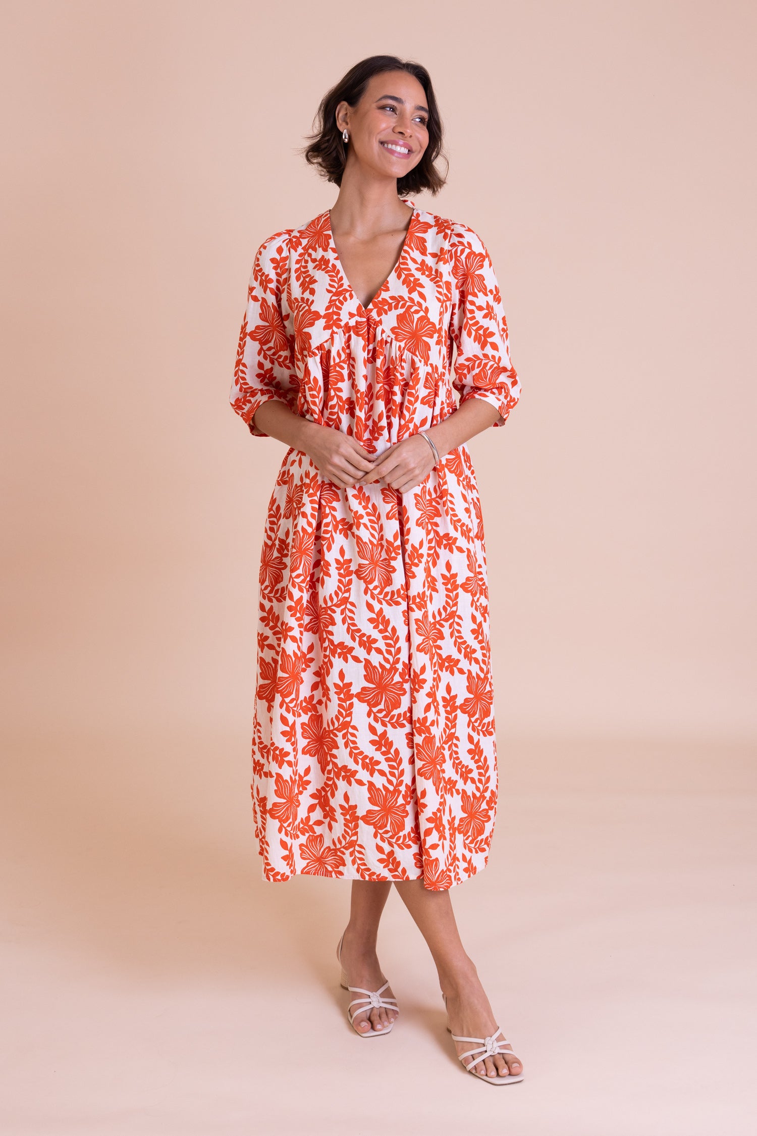 Orange Floral Print Midi Dress