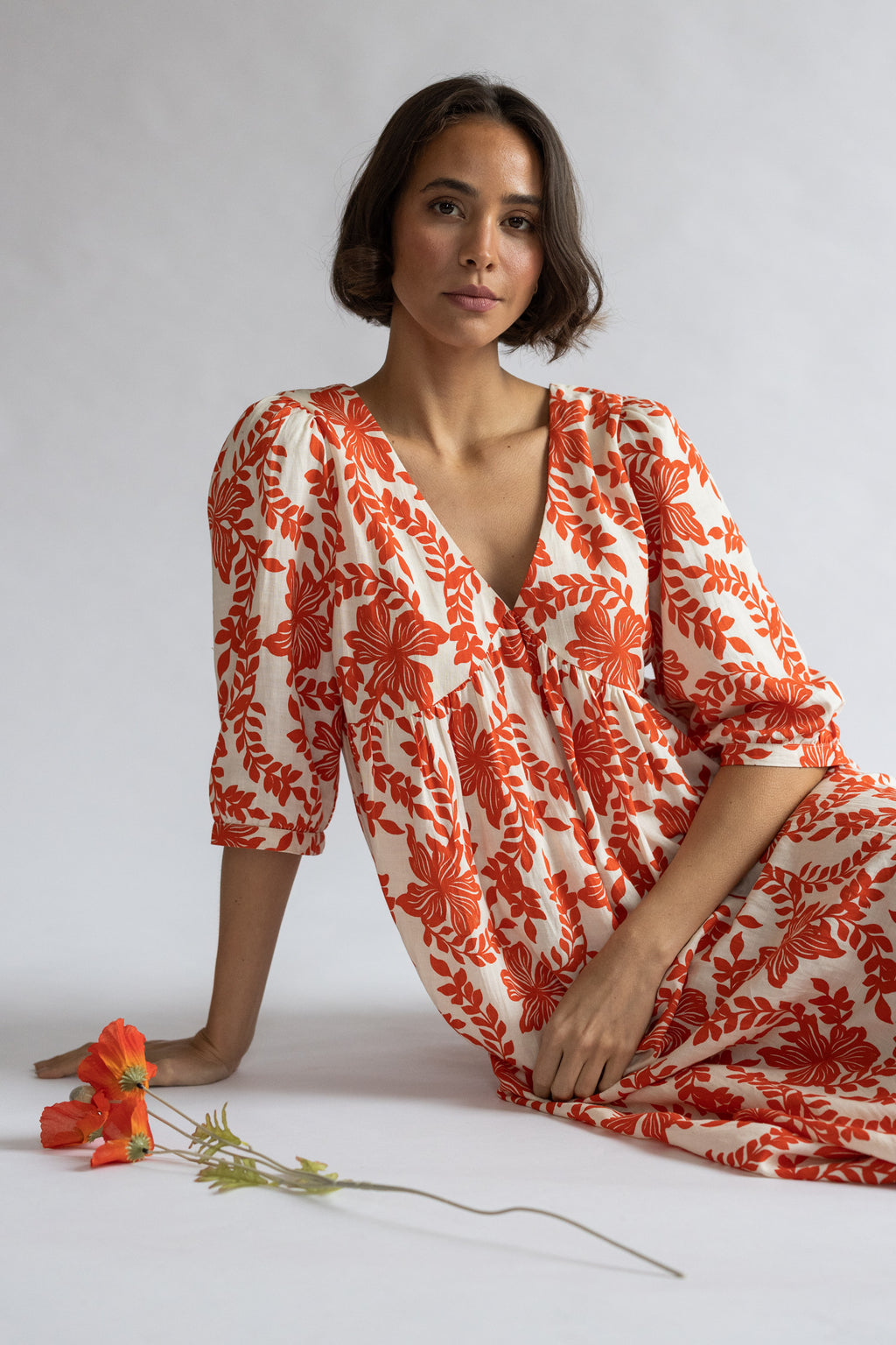 Orange Floral Print Midi Dress