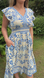 Blue & Cream Printed Midi Dress