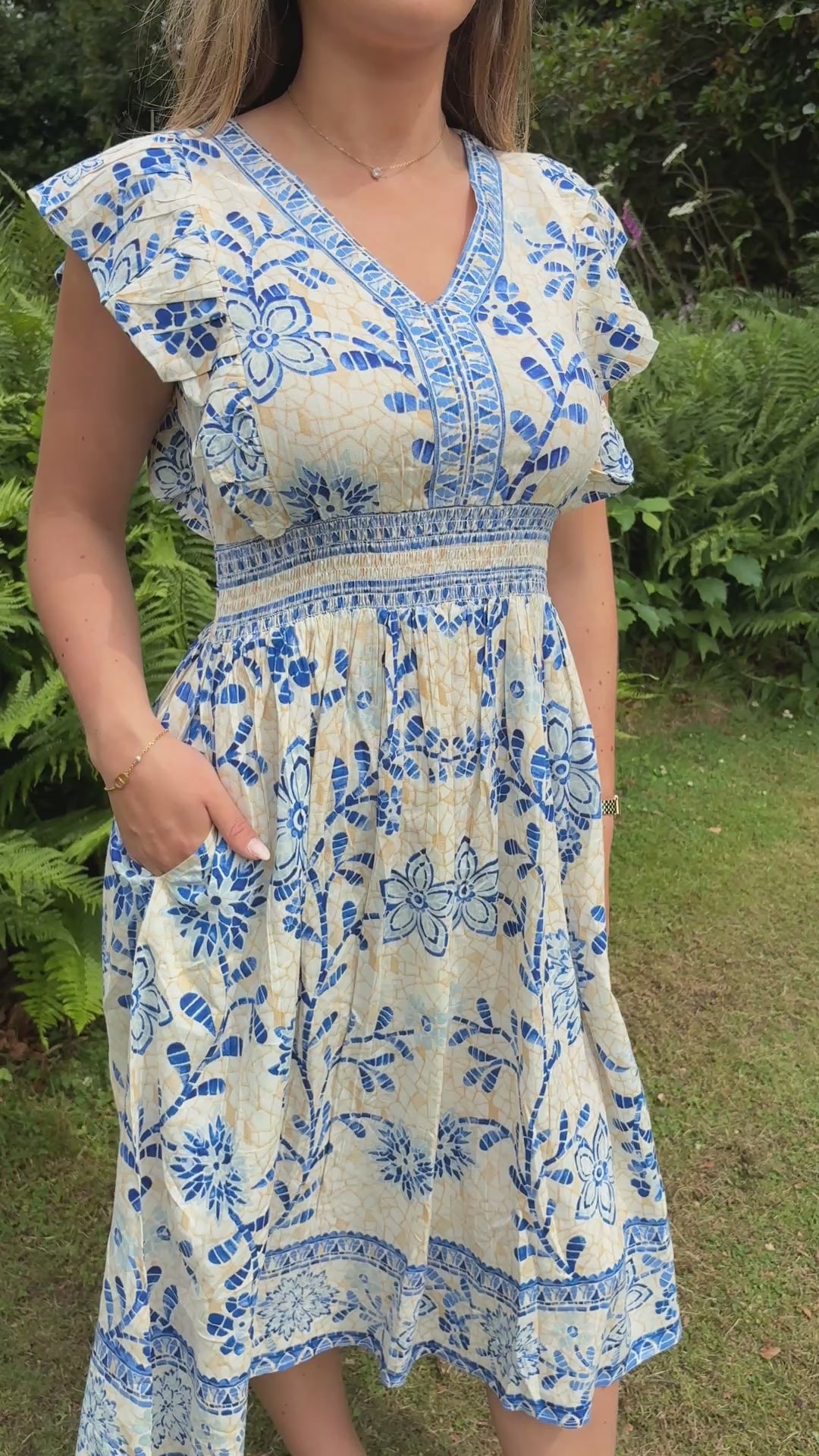Blue & Cream Printed Midi Dress